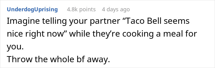 Text post about boyfriend confrontation during cooking, suggesting Taco Bell instead.