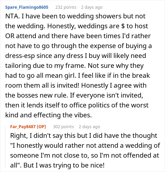 Reddit comments about office mean girls causing party ban discussions.