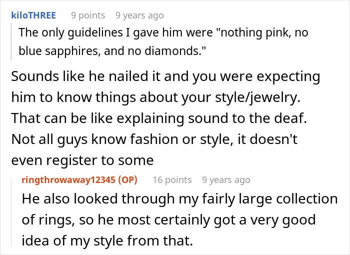 Engagement ring discussion in a forum, debating a man's choice based on limited guidelines and existing jewelry style.