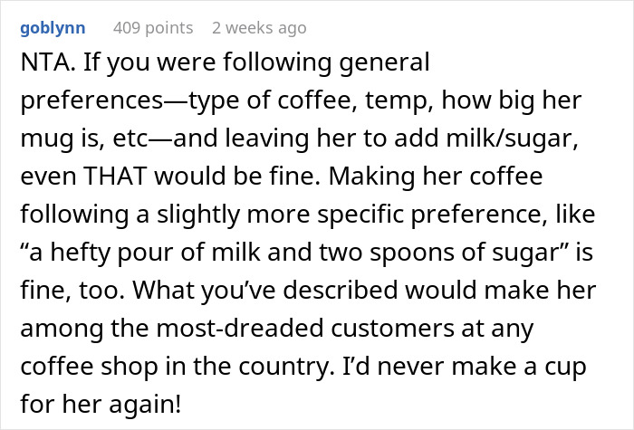 Screenshot of a comment discussing coffee-making preferences in detail. Screenshot of a comment discussing coffee-making preferences in detail.