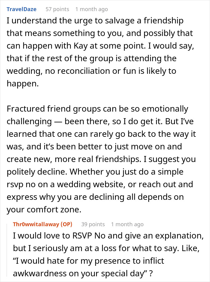 Text conversation discussing the complexities of attending a wedding; advice on declining an invitation with sensitivity. Text conversation discussing the complexities of attending a wedding; advice on declining an invitation with sensitivity.