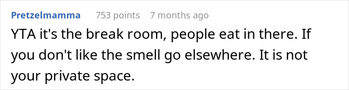 Comment justifying eating tuna in the breakroom, emphasizing it's not a private space.