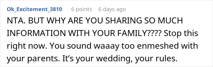 Comment on groom disinviting parents due to disagreement over a dry wedding, emphasizing it's his wedding and his rules. Comment on groom disinviting parents due to disagreement over a dry wedding, emphasizing it's his wedding and his rules.