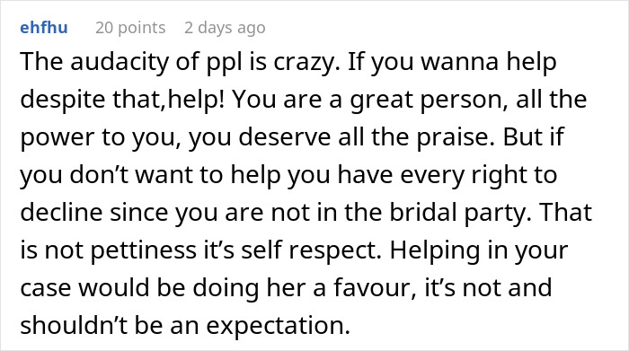 Text comment about declining wedding prep labor without being in the bridal party. Text comment about declining wedding prep labor without being in the bridal party.