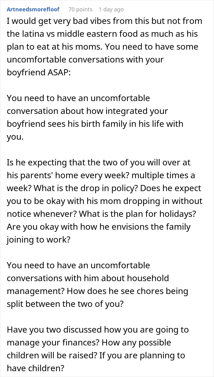 Reddit comment discussing issues about a man rejecting Hispanic cooking and family integration concerns.