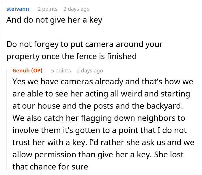 Text discussion on neighbor's plan to build a fence, with concerns about cameras and trust issues related to OCD behavior.