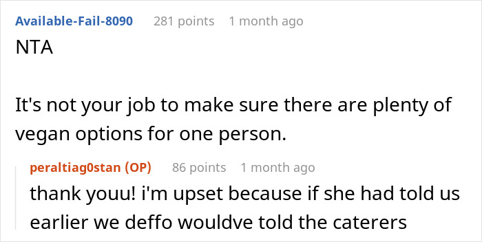 Reddit discussion about vegan options and wedding menu changes with users sharing opinions.