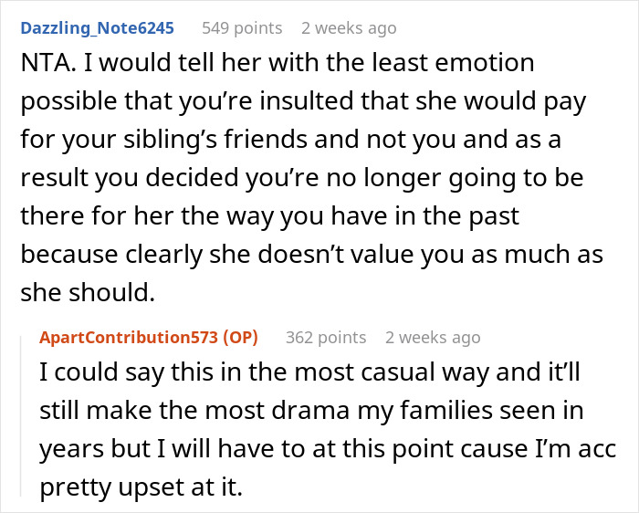 Reddit AITA discussion about being upset over not being invited on family holiday.