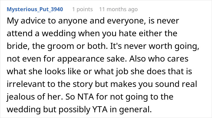 Reddit comment advising against attending weddings with disliked brides or grooms.