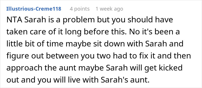 Comment discussing best friend's trash living situation with advice on handling issues with Sarah.