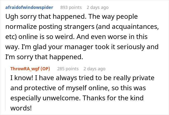 Online trend discussion about a coworker's photo use, highlighting privacy concerns and unwelcome attention.