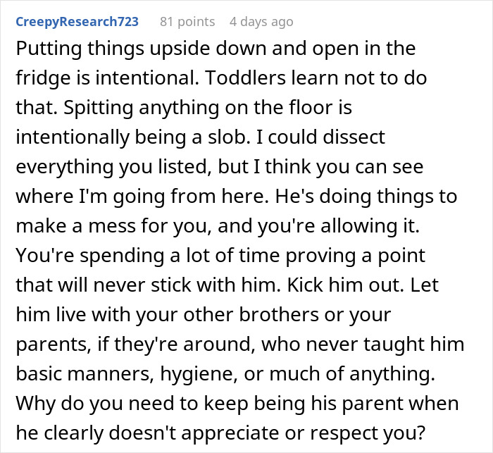 Text discussion about a brother making a mess, suggesting letting him live in his own filth. Text discussion about a brother making a mess, suggesting letting him live in his own filth.