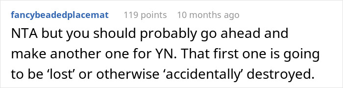 Reddit comment about dolls, suggesting making another customized one for fairness.