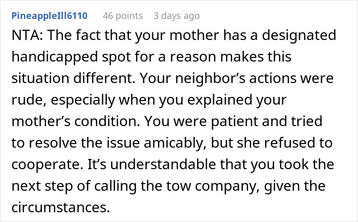 Text conversation about parking in a disabled neighbor's spot and calling a tow truck.