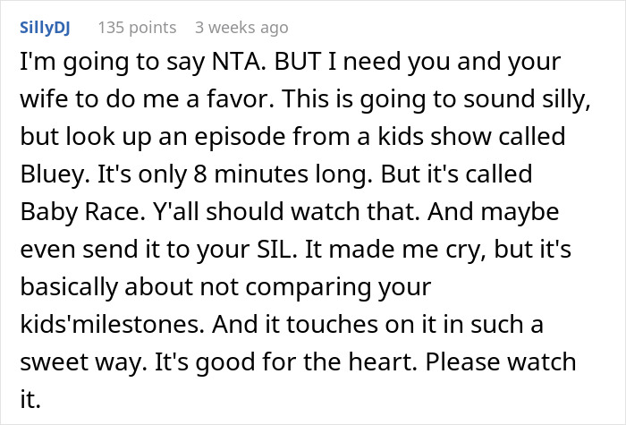 Text advises not comparing children's milestones, suggesting "Bluey" episode "Baby Race" for perspective.