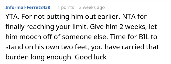 Online forum comment discussing a brother-in-law mooching situation for over a year.