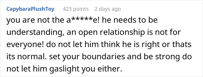 Comment discussing open relationship issues and setting boundaries.