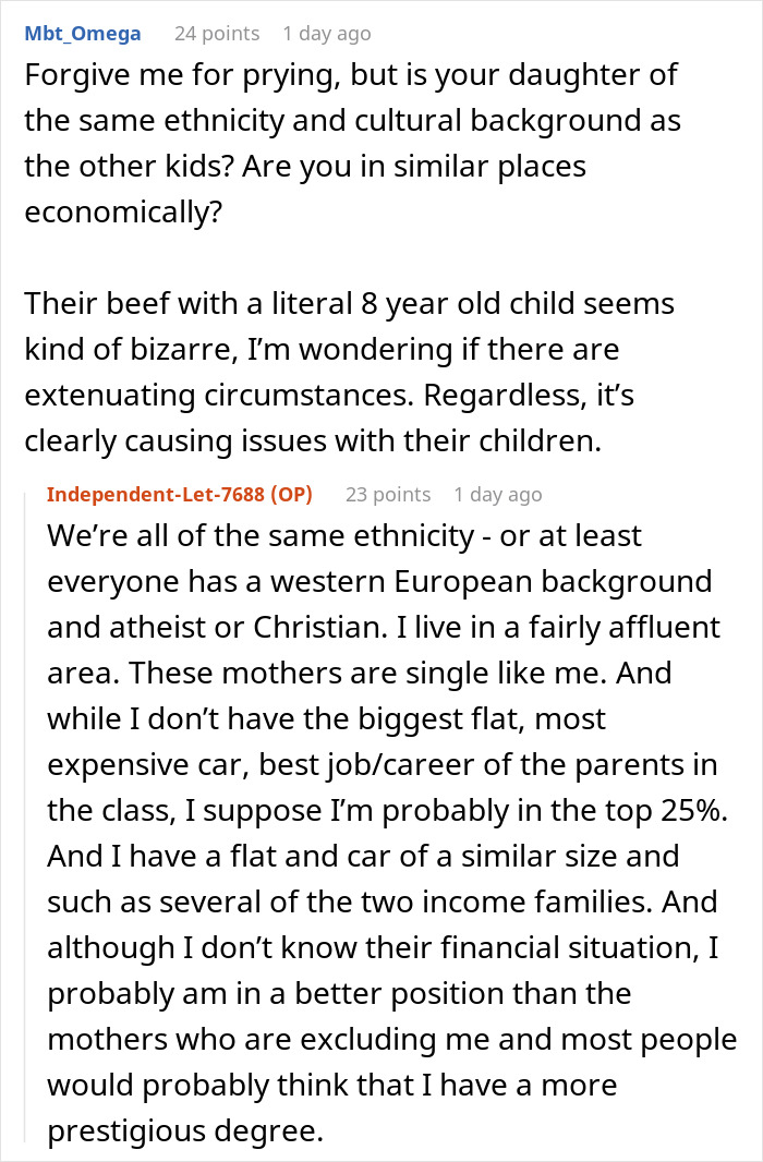 Discussion on a forum about a mom addressing party exclusions involving her daughter&rsquo;s classmates and their parents.