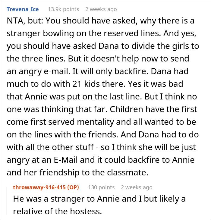 Reddit comment on a post about a mom noticing her daughter alone at a birthday party.