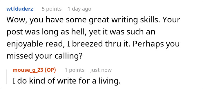 Reddit comments discussing writing skills and career in a casual, humorous tone.