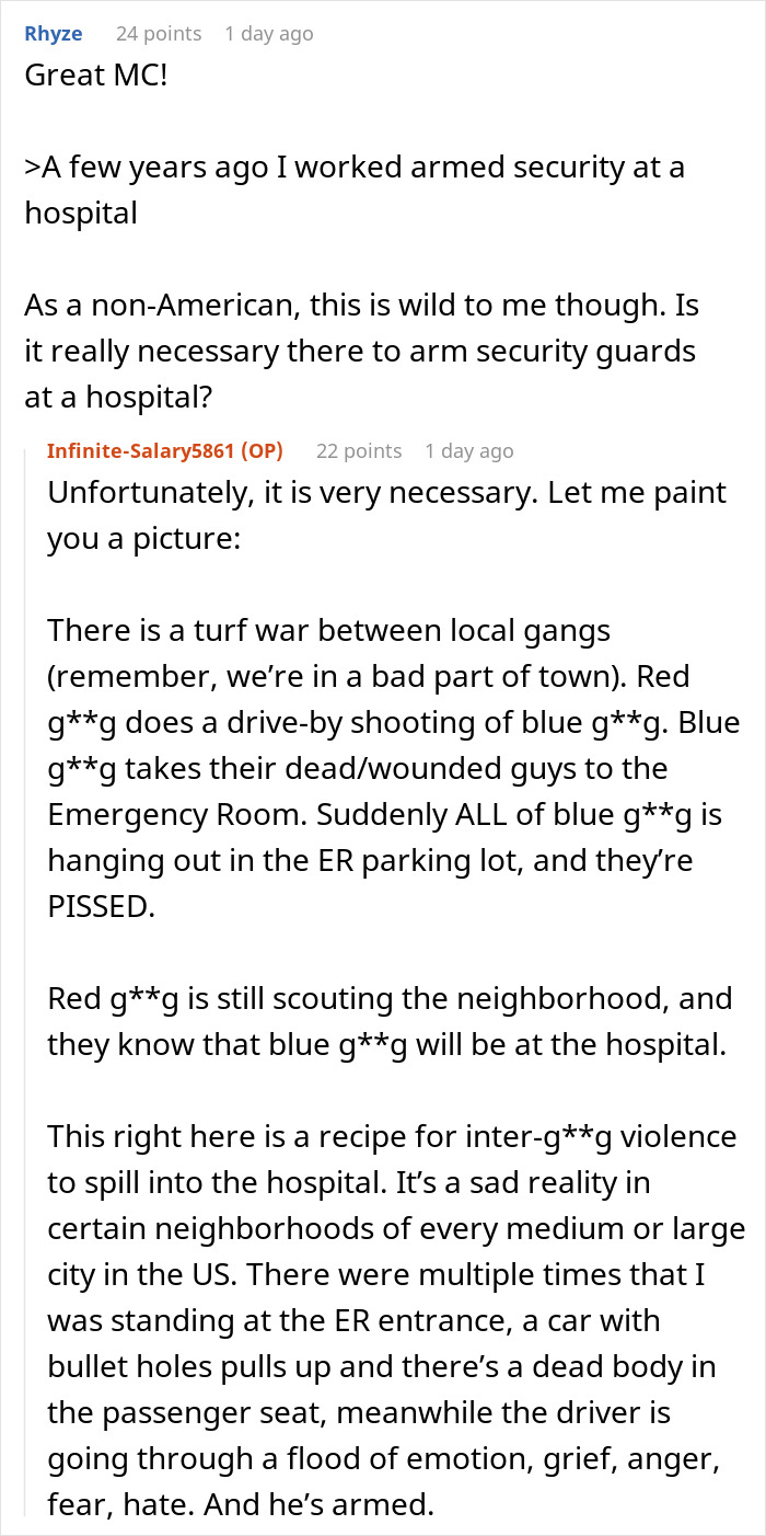 Text conversation about armed hospital security and gang violence.