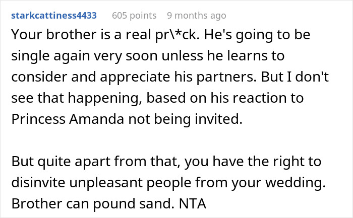 Reddit comment discussing bride's brother bringing female friend instead of long-term girlfriend to the wedding.