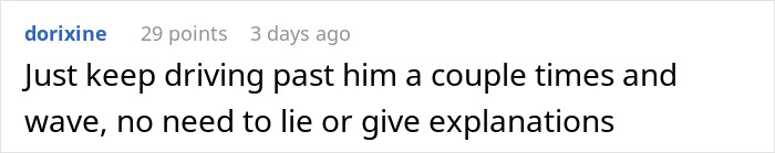 Text comment suggests casually avoiding unwanted daily carpool by driving past neighbor.