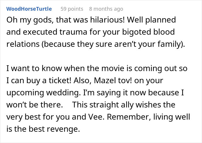 Text screenshot with a supportive comment about a woman coming out to her homophobic family in a humorous way.