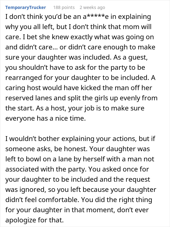 Reddit comment discussing a mom's decision to take her daughter home from a lonely birthday party.