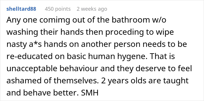 Reddit comment about a grown man with unwashed hands rubbing them on a woman, highlighting unacceptable behavior.