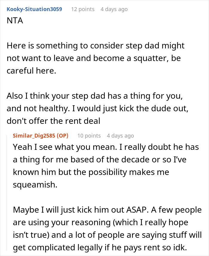 Reddit thread discussing possible issues with a stepdad trying to control a 27-year-old woman in her own house. Reddit thread discussing possible issues with a stepdad trying to control a 27-year-old woman in her own house.