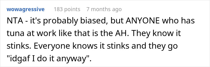Reddit comment criticizing someone for eating tuna at work, highlighting its unpleasant smell.