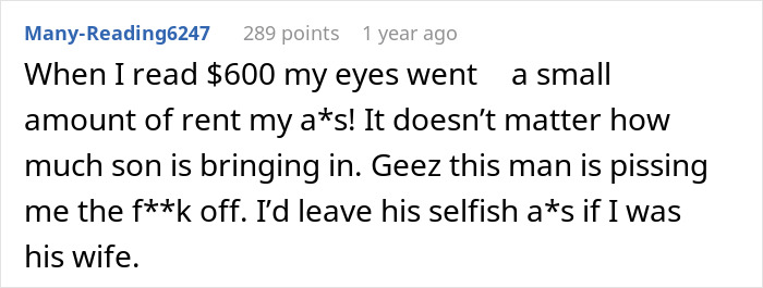Comment reacting to $600 rent charge for son, expressing anger and disbelief.