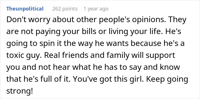 Reddit post comment discussing support against a toxic husband ultimatum to quit job or face divorce.