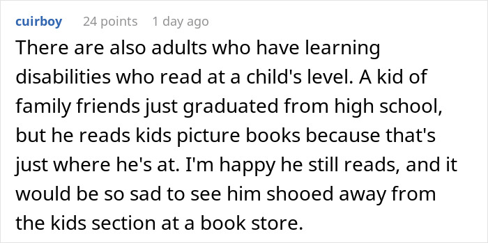 Comment discussing adults with learning disabilities reading in children's section of a bookstore.