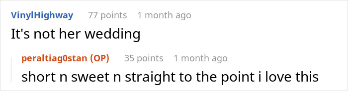 Text exchange discussing a wedding menu change dispute, emphasizing the phrase "It's not her wedding.