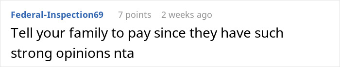 Comment on wedding bridesmaid fee of $150, family urged to pay due to strong opinions.