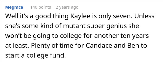 Comment discussing a child's age and starting a college fund. Comment discussing a child's age and starting a college fund.