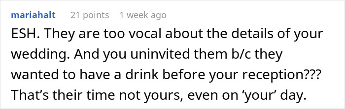 Comment discussing a groom disinviting parents from a dry wedding reception, highlighting differing views on alcohol. Comment discussing a groom disinviting parents from a dry wedding reception, highlighting differing views on alcohol.