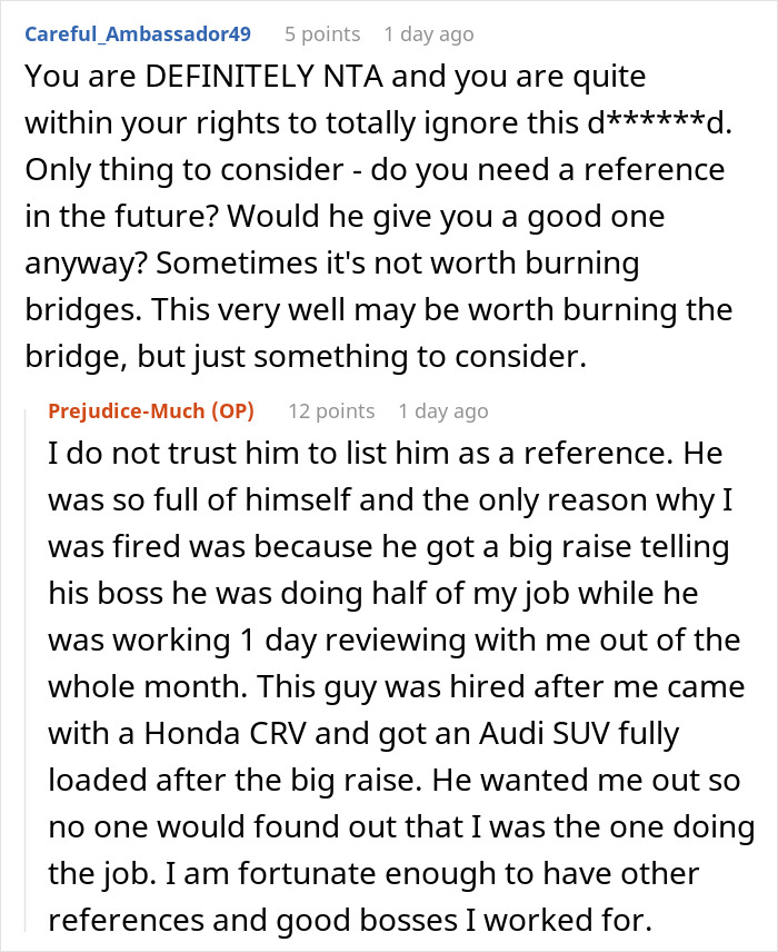 Reddit comments discussing a laid-off employee ghosted by their former boss asking for a two-factor authentication code.