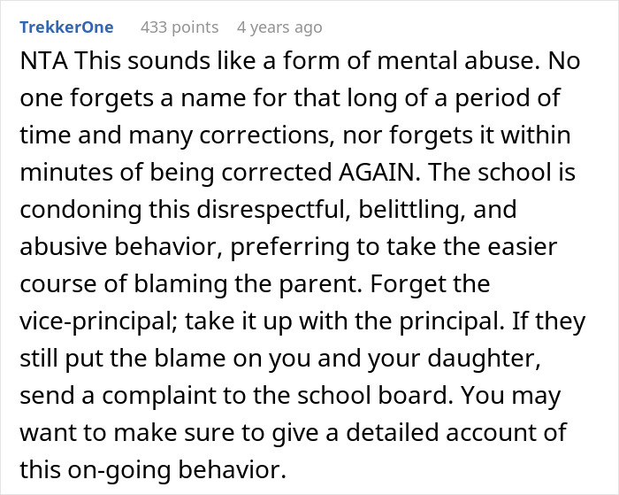 Reddit comment discussing a teacher refusing to pronounce a student's name correctly, calling it mental abuse.