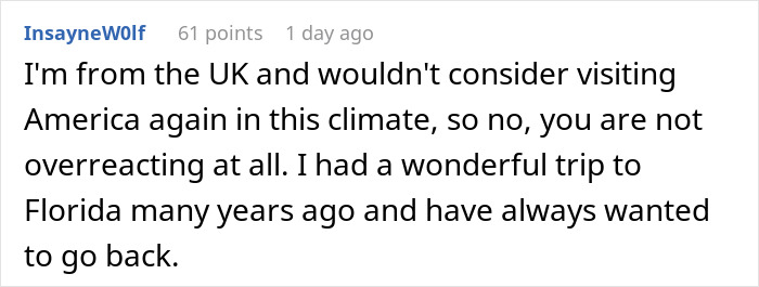 Comment discussing American travel hesitation due to tariffs and jokes.