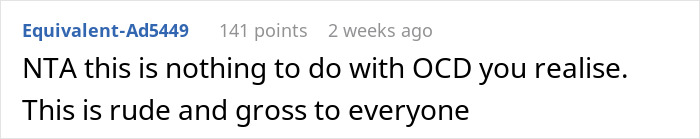 Reddit comment criticizing behavior towards a woman with OCD, calling it rude and gross.
