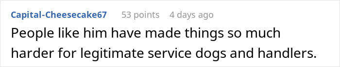 Comment discussing challenges for legitimate service dogs due to fake service dogs.