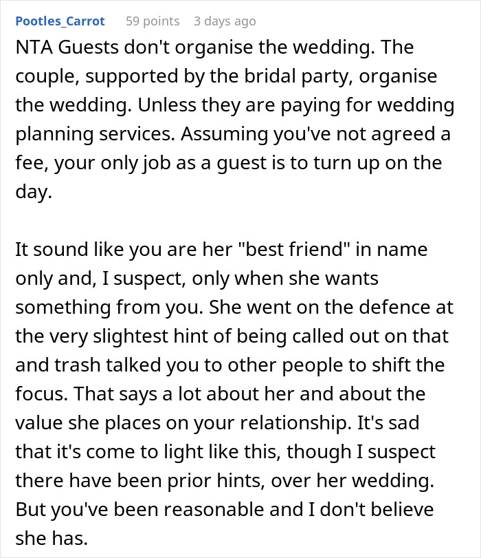 Text from a forum discussing refusal to help with a wedding due to not being chosen as a bridesmaid. Text from a forum discussing refusal to help with a wedding due to not being chosen as a bridesmaid.