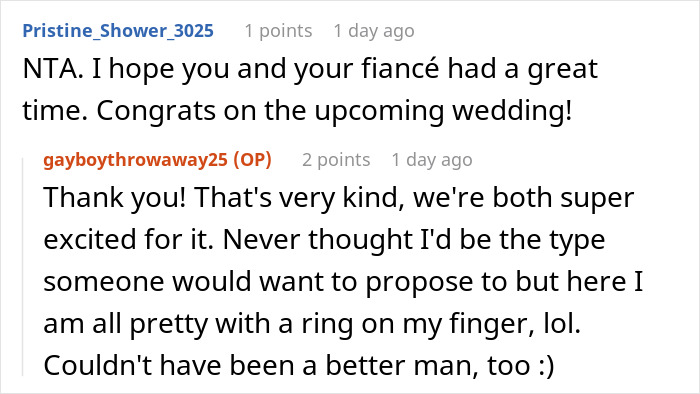 Reddit comments discussing a wedding, showing support and excitement from users. Reddit comments discussing a wedding, showing support and excitement from users.