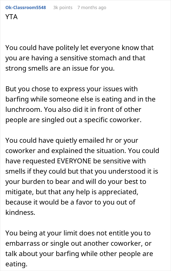 Reddit comment discussing HR issue about a coworker eating tuna in the breakroom, causing discomfort for a pregnant woman.