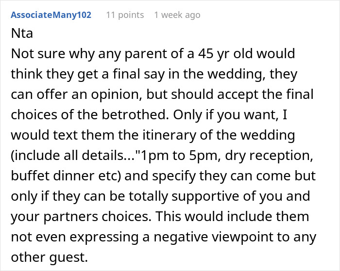 Comment discussing parents' reaction to dry wedding and guest support. Comment discussing parents' reaction to dry wedding and guest support.
