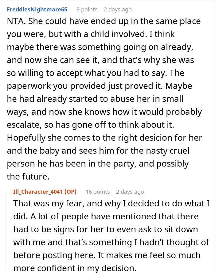 Reddit conversation about ex's criminal record warning to pregnant wife.