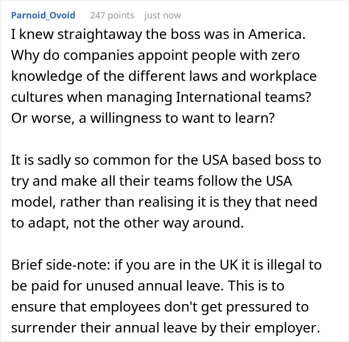 Text discussing cultural differences in PTO policies between American bosses and European employees.